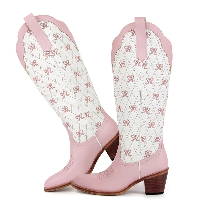 Onlymaker Women White  Pull-on Knee High Cowgirl Boots with Bow  Big Size Comfy Women Cowboy Boots