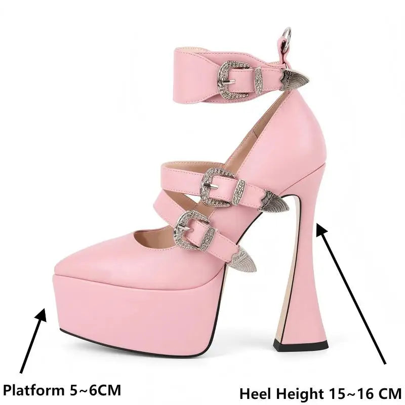 Women Platform Pointed Toe Multi-Buckle Gladiator High Heel Pumps Gothic Shoes