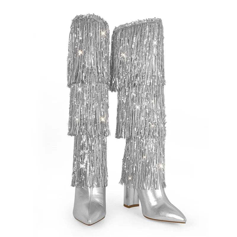 Onlymaker Women Pointed Toe  Sliver Fringe Metallic Slim  Knee Boots  Sexy Dance Chunky  Heel Boots