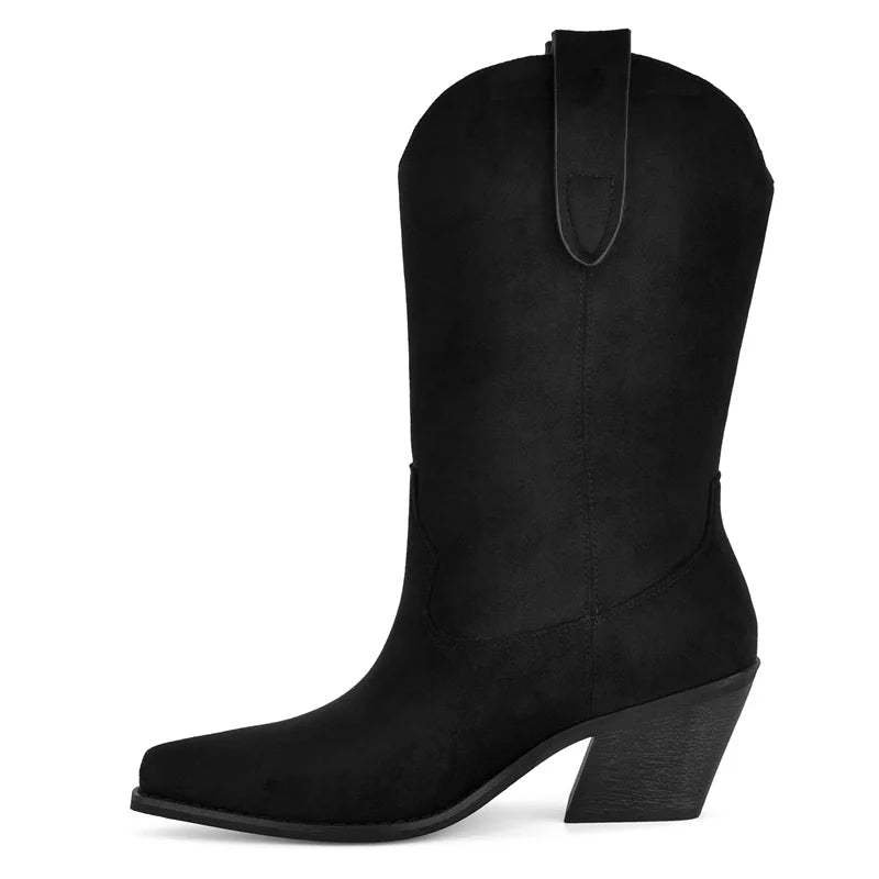 Onlymaker Women Pointed Toe Chunky High Heel Western Cowgirl Boots Hollow Mid-Calf Boots Retro Light Pull On Boots