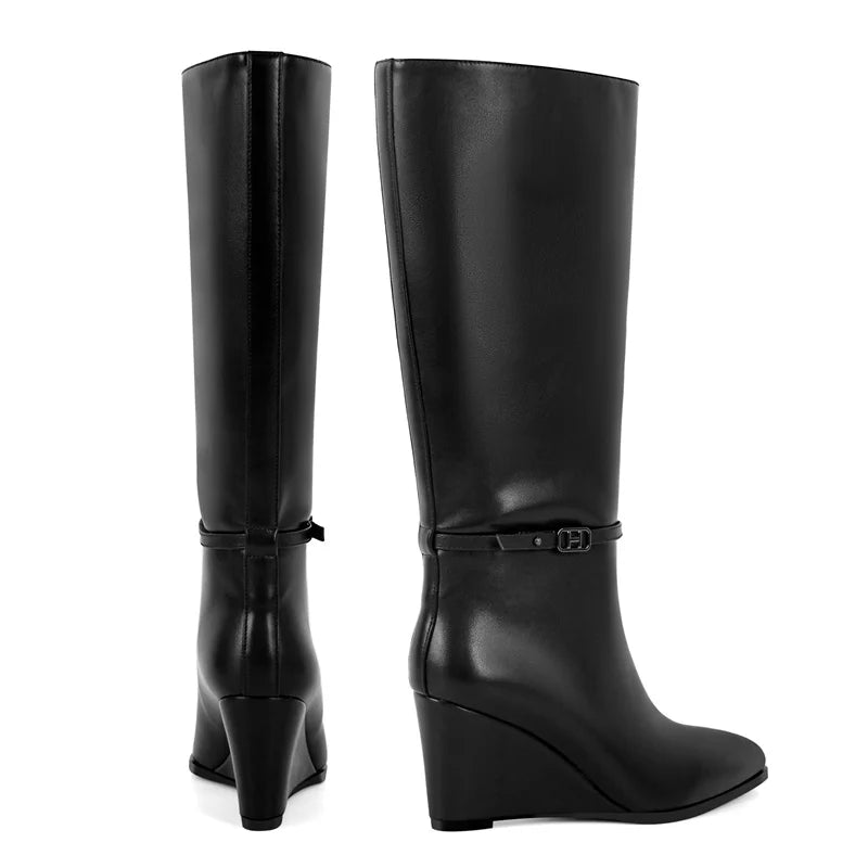 Onlymaker Women Pointed Toe Matte Wedge High Heel Knee High Boots Fall Winter Side Zipper Sexy Party Boots