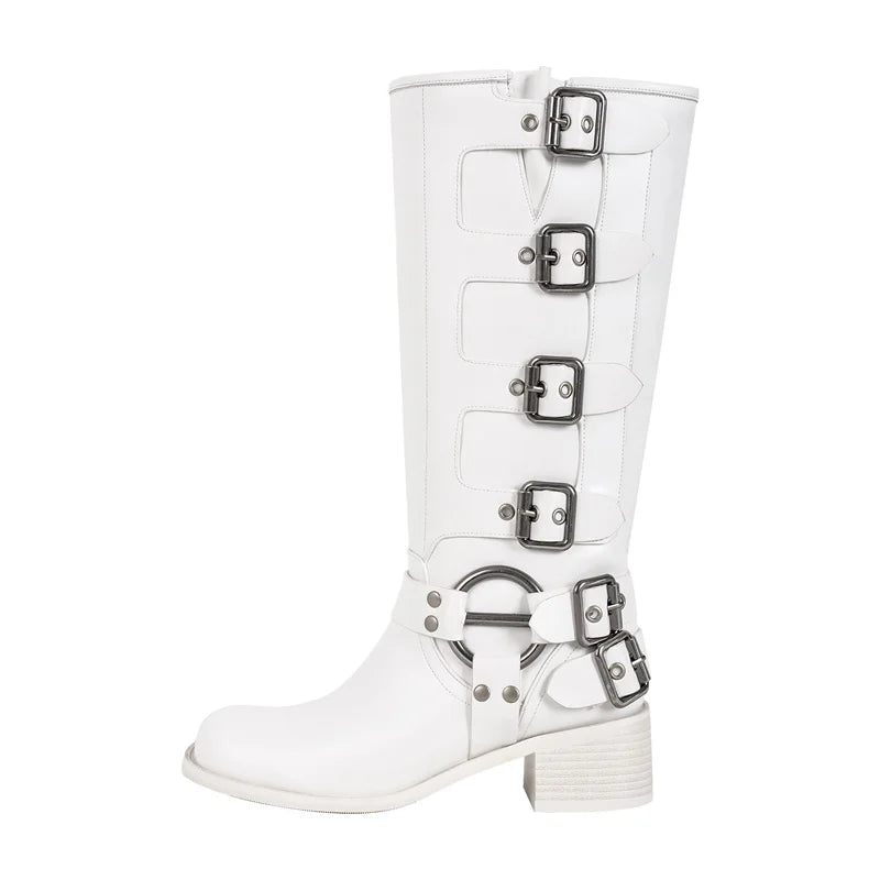 Onlymaker Women Gothic Black Knee High Boots Heeled Brown Metal Rivet Buckle Fashion Motorcycle Boots