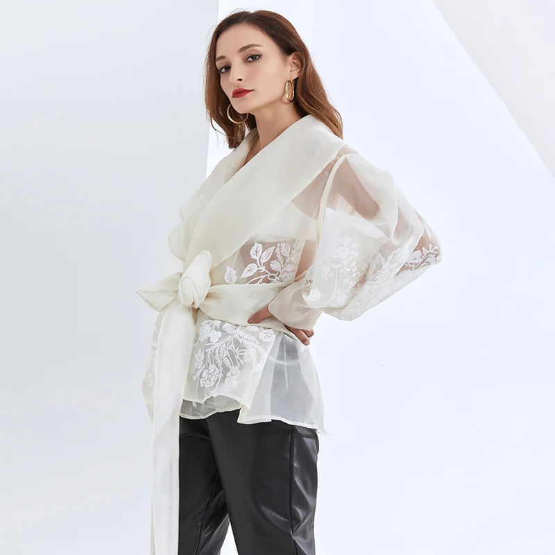 Vintage Print Embroidery Shirt For Women Lapel Long Sleeve Sashes Elegant Blouse Female Fashion New Clothing 2025 Spring