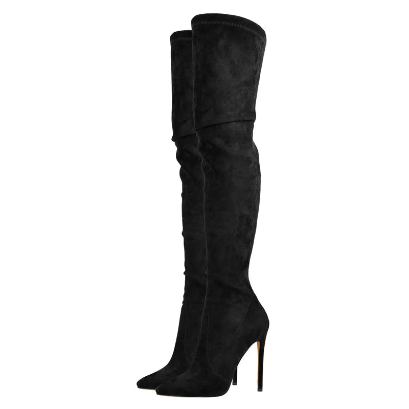 Onlymaker Women Pointed Toe Over the Knee Stretch High Boots Thin High Heel Stiletto Flock Zip Big Size Fashion Woman Boots