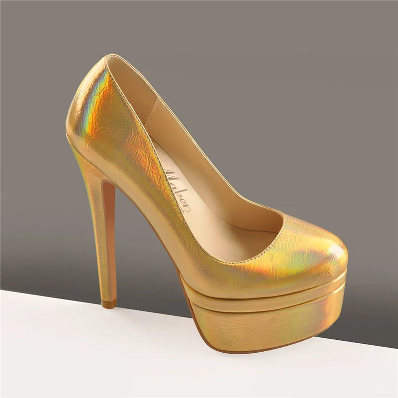 Women Colorful Round Toe 16CM High Heel Platform Stiletto Slip On Pumps For Party Dressing Gold and Silver Shoes