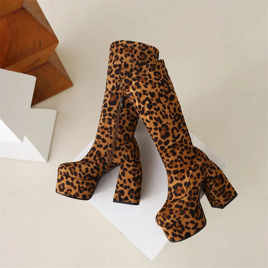 Onlymaker Winter Women Leopard Warm Boots Platform Round Toe Zipper Concise Classic Thick High Heels Party Fashion Dress Boots