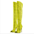 Onlymaker Women  Over The Knee Boots  Snake Peep Toe Skin Print Pattern Stiletto Fashion Party  Plus Size  Handmade Boots