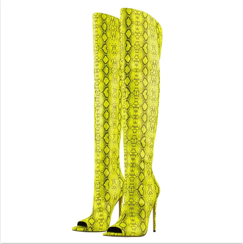 Onlymaker Women  Over The Knee Boots  Snake Peep Toe Skin Print Pattern Stiletto Fashion Party  Plus Size  Handmade Boots