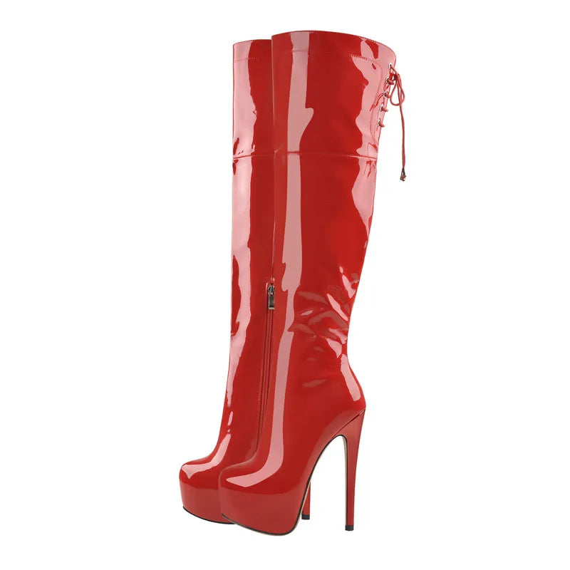 Onlymaker Women Sexy Red Platform Zip Over The Knee High Boots 16cm Thin High Heel Stiletto Stretch  Woman Big Size Boots