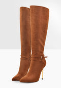 Onlymaker Women's Pointed Toe Brown Suede Lock Decoration Side Zip Knee High Boots Side Zip Stiletto Metal Heel Fashion Boots