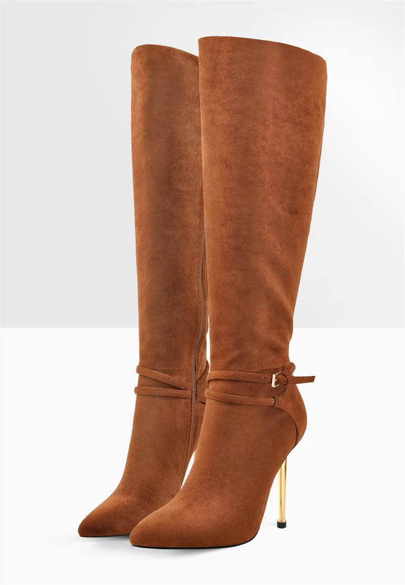 Onlymaker Women's Pointed Toe Brown Suede Lock Decoration Side Zip Knee High Boots Side Zip Stiletto Metal Heel Fashion Boots