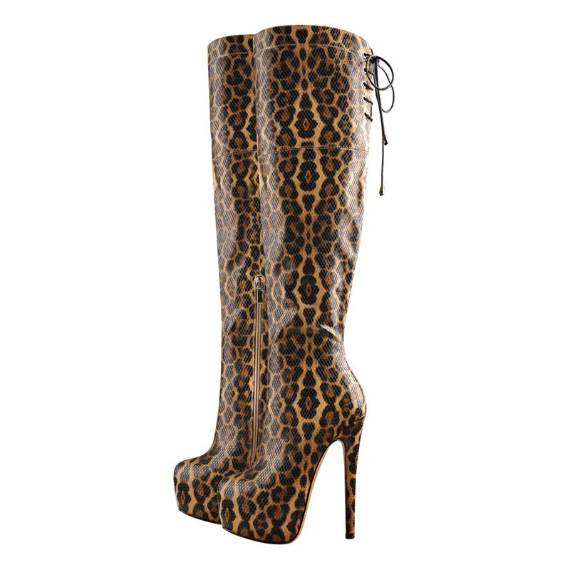 Onlymaker Women Platform Over The Knee High Boots Leopard Print Zip Thin High Heel Big Size Stiletto Sexy Woman Boots