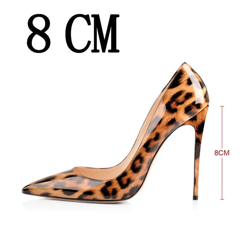 Women's Pointed Toe 8CM 10CM 12CM Thin Heels Leopard Print Sexy Pumps Patent Leather Lady Shoes Big Size US5~US15