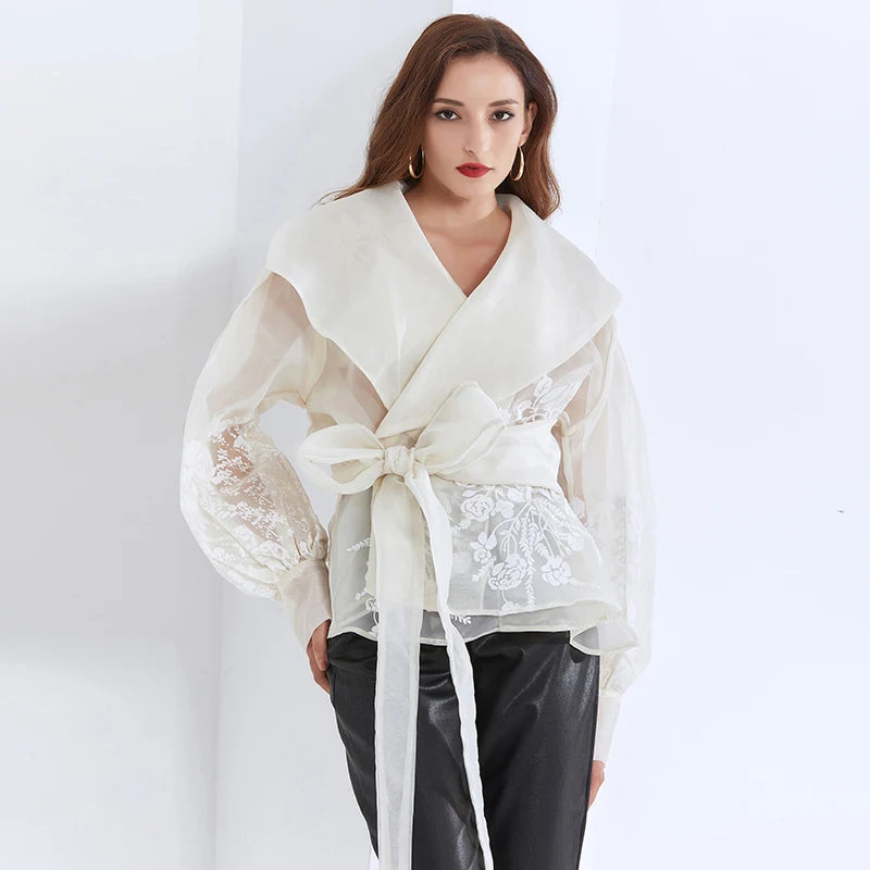 Vintage Print Embroidery Shirt For Women Lapel Long Sleeve Sashes Elegant Blouse Female Fashion New Clothing 2025 Spring