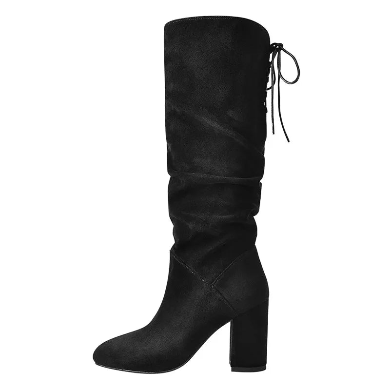 Onlymaker Women Pointed Toe Black Pleated 8.5CM High Heels Patent leather Crinkle Mid Calf Chunky Big Size Fashion Boots