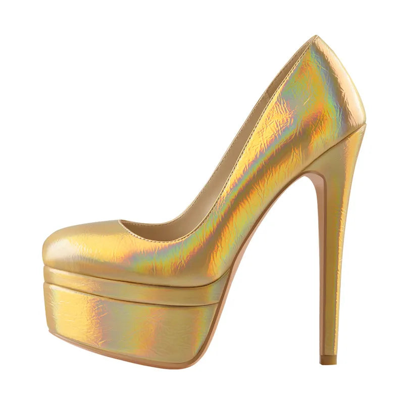 Women Colorful Round Toe 16CM High Heel Platform Stiletto Slip On Pumps For Party Dressing Gold and Silver Shoes
