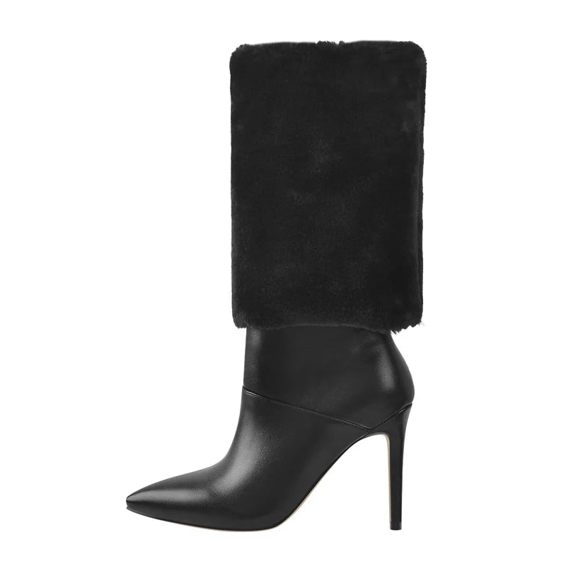 Woman Winter Fashion Warm Short Flock Trouser Tube Boots Pointed Toe Matte PU Stiletto High Heel Boots
