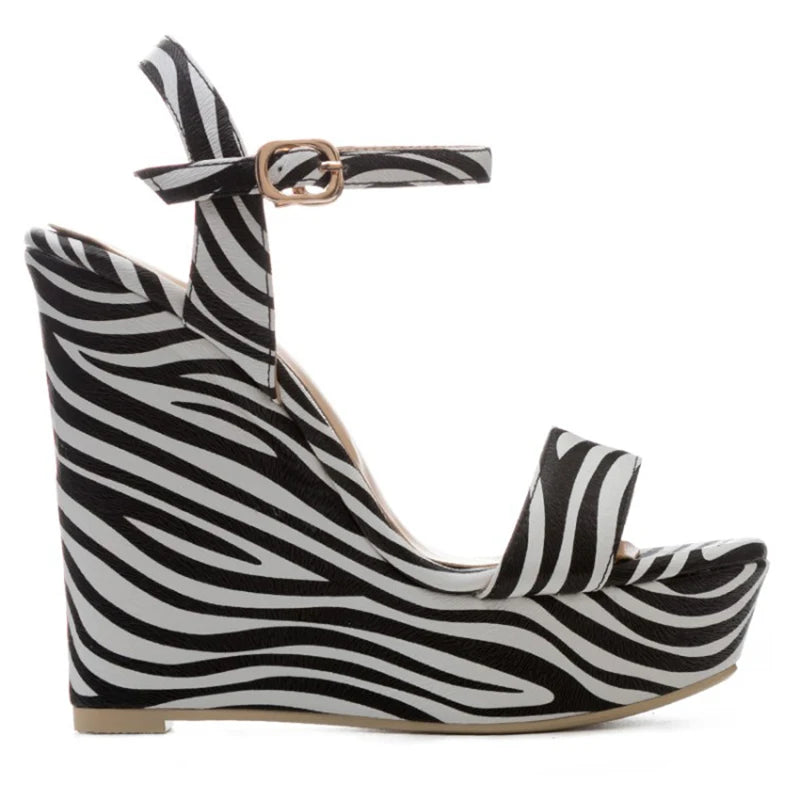 Women Zebra PU Leather Buckle Strap Girls Shoes Open Toe Platform Wedge High Heels Sandals
