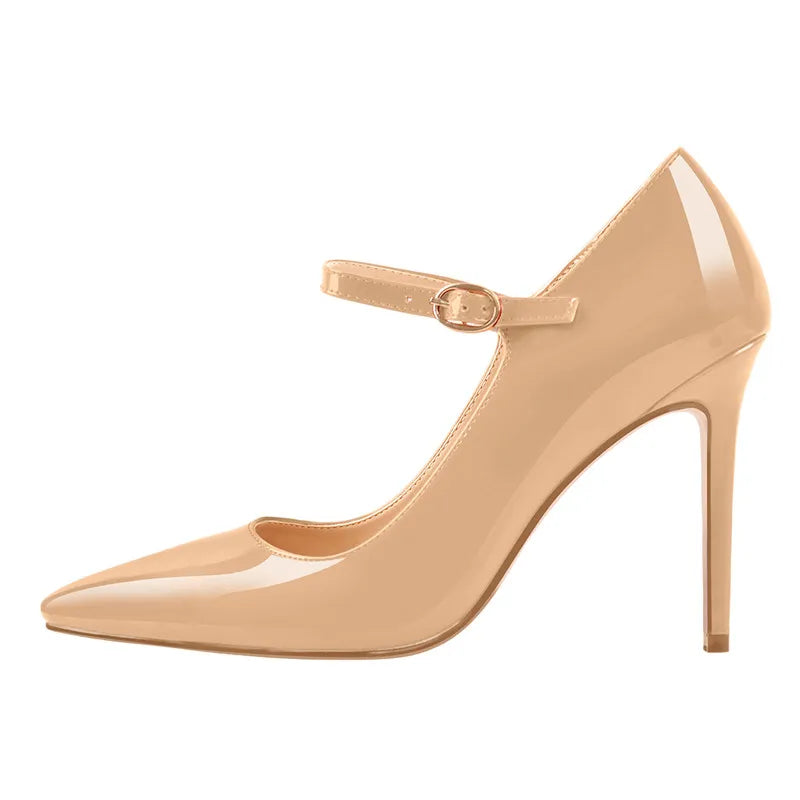 Women Shoes Pointed Toe Mary Jane 10CM  Fashion Thin Heels Pumps Red Patent Leather Woman Big Size Classic Pumps