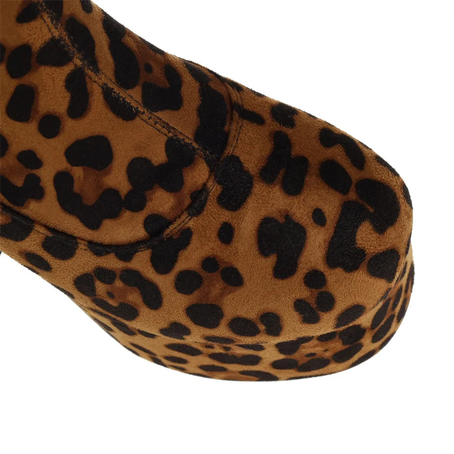 Onlymaker Winter Women Leopard Warm Boots Platform Round Toe Zipper Concise Classic Thick High Heels Party Fashion Dress Boots