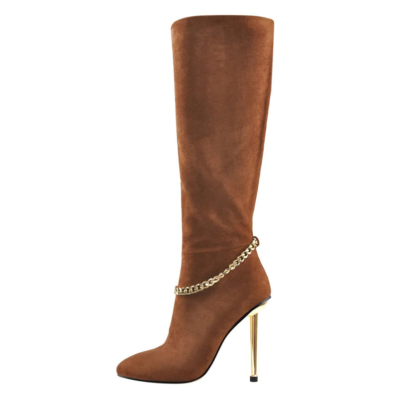 Onlymaker Women Pointed Toe Boots Brown Flock Knee-High  Side Zip Thin Metal Heel Fashion Metal Chain Boots