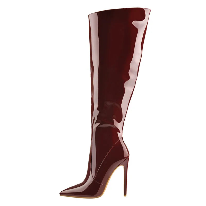 Onlymaker Women Side Zip Knee Boots Pointed Toe Black Patent Leather 10CM High Heel Woman Big Size Fashion Boots