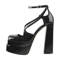 Women Platform Pumps Black Patent Leather Cross-tied Square Toe Fashion Party Comfortable Thick High Heels