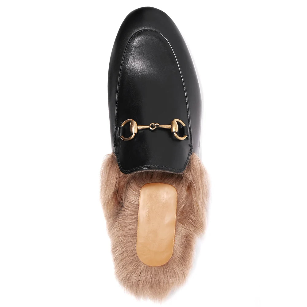 Wide Fit Black Fluffy OEM Flat Closed Toe Mules Women Shoes Buckled Backless Mule Loafers With Fur