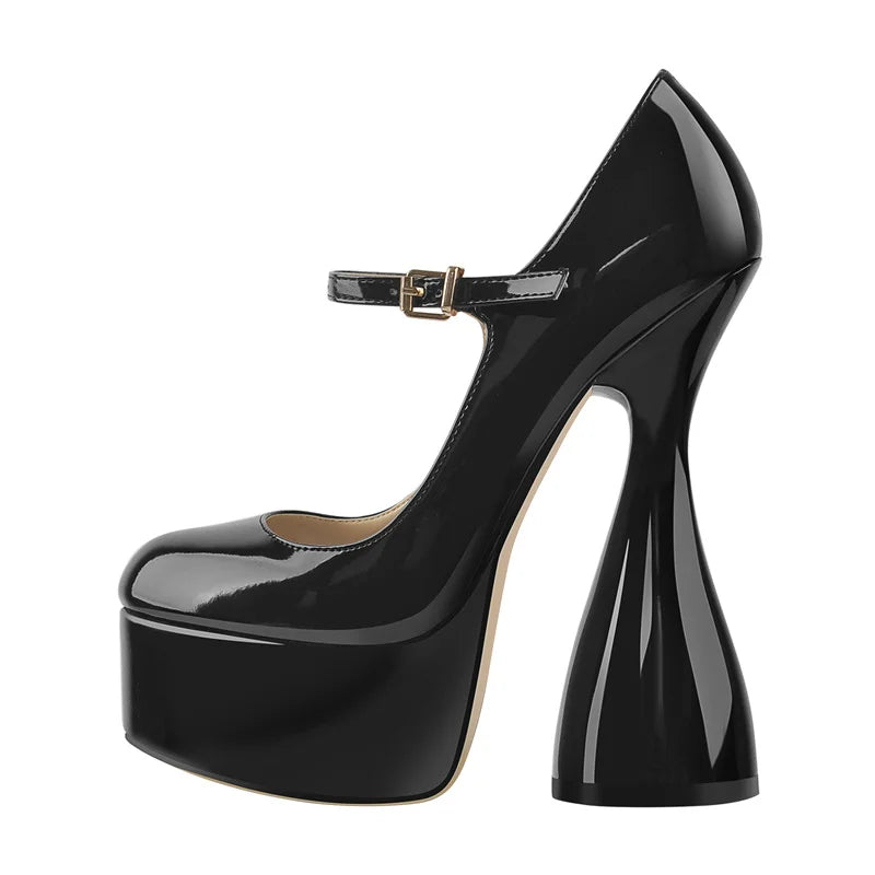 Women Pumps Platform Black Patent Leather Spike High Heels Slip-On Buckle Big Size Fashion Elegant Mary Jane Pumps
