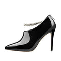 Women Pointed Toe Rhinestone Chain Black Patent Leather Thin High Heel Sexy Stiletto Boots