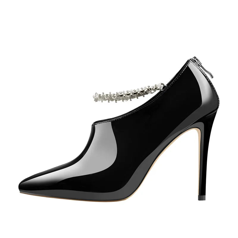 Women Pointed Toe Rhinestone Chain Black Patent Leather Thin High Heel Sexy Stiletto Boots