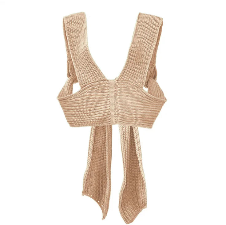 2026 Spring Summer Bow Cross Strap Knitted Sweater Vest Women Sexy Crop Top DIY Tie Clothing Sleevless Jumpe Girl Sexy Purple