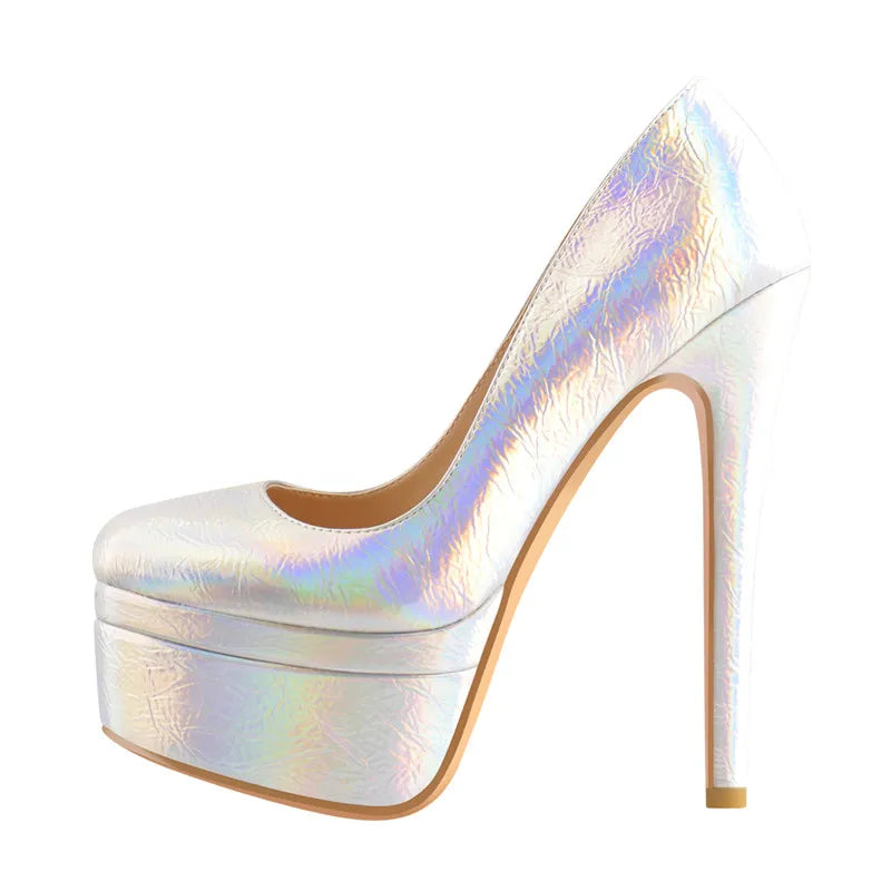 Women Colorful Round Toe 16CM High Heel Platform Stiletto Slip On Pumps For Party Dressing Gold and Silver Shoes