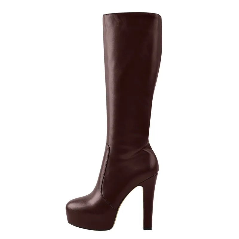 Onlymaker Women Knee High Boots Round Toe Black Matte Leopard  White Side Zipper Winter Fashion Party Dress Big Size Boots