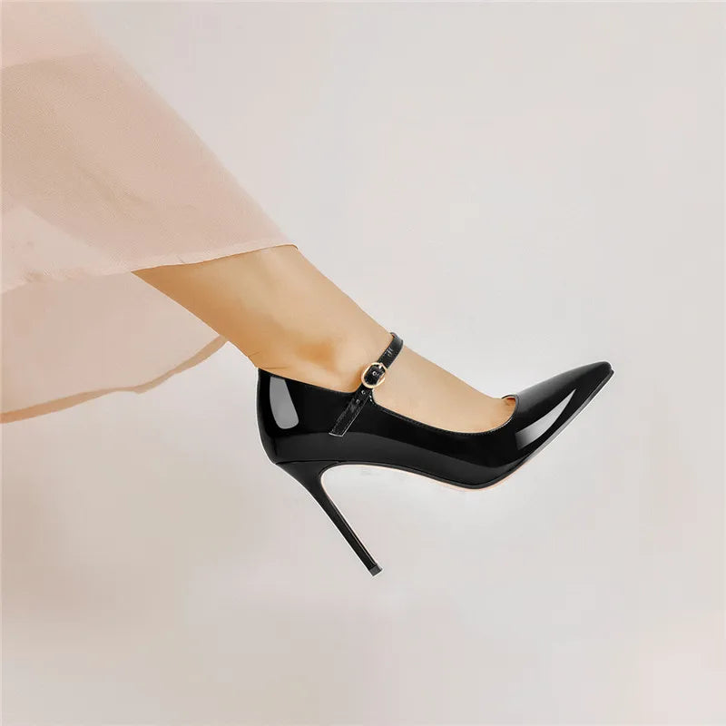 Women Shoes Pointed Toe Mary Jane 10CM  Fashion Thin Heels Pumps Red Patent Leather Woman Big Size Classic Pumps