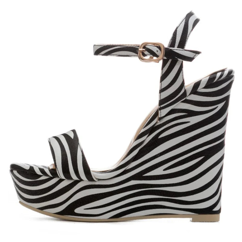 Women Zebra PU Leather Buckle Strap Girls Shoes Open Toe Platform Wedge High Heels Sandals