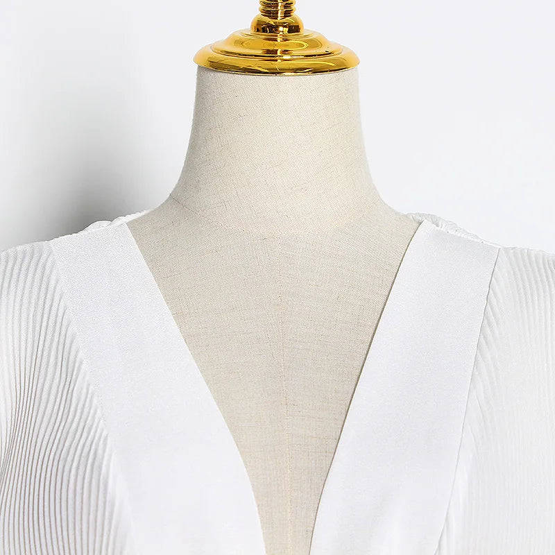 Patchwork Ruffle Lace Up Bowknot Shirt For Women V Neck Puff Sleeve High Waist White Blouse Female 2026 Fashion New Stylish