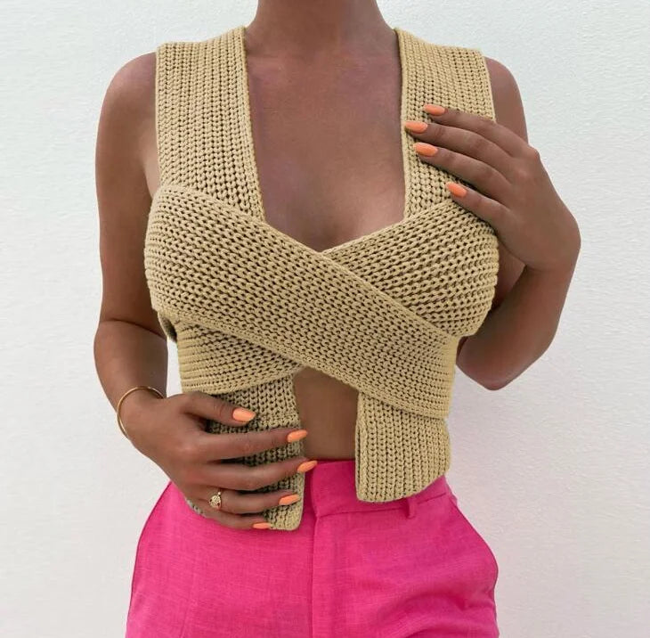2026 Spring Summer Bow Cross Strap Knitted Sweater Vest Women Sexy Crop Top DIY Tie Clothing Sleevless Jumpe Girl Sexy Purple