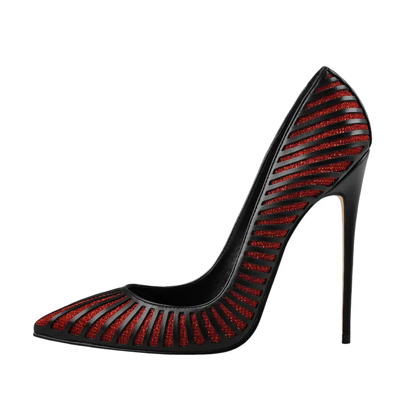 Women 12CM Pointed Toe High Heels Slip on Stiletto Pumps Dress Party Office Classic Stripes Plus Large Size US5-15