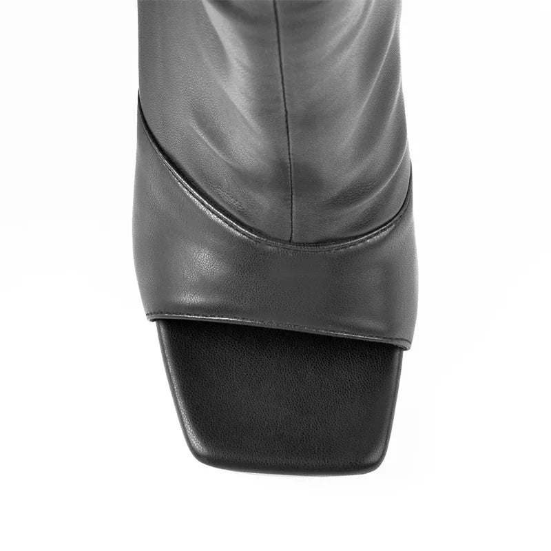 Onlymaker Women Peep Toe Black Matte Over The Knee Boots Concise Fashion Stiletto High Heel Zipper Boots