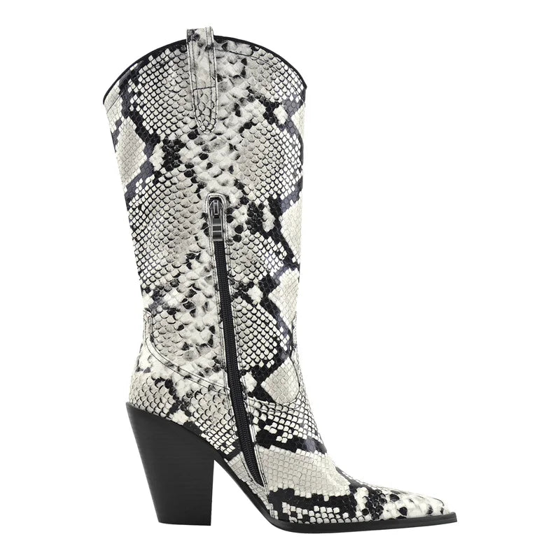 Women Pointed Toe  Zipper Winter  Mid-Calf Boots Fashion Mature Big Size Thick Heels snake Skin Print  Cowboy Boots