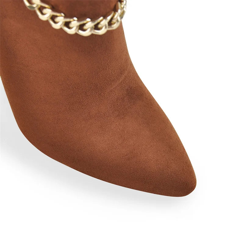 Onlymaker Women Pointed Toe Boots Brown Flock Knee-High  Side Zip Thin Metal Heel Fashion Metal Chain Boots