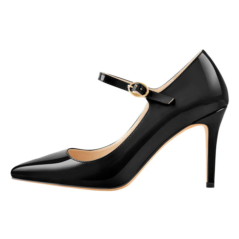 Women Shoes Pointed Toe Mary Jane 10CM  Fashion Thin Heels Pumps Red Patent Leather Woman Big Size Classic Pumps