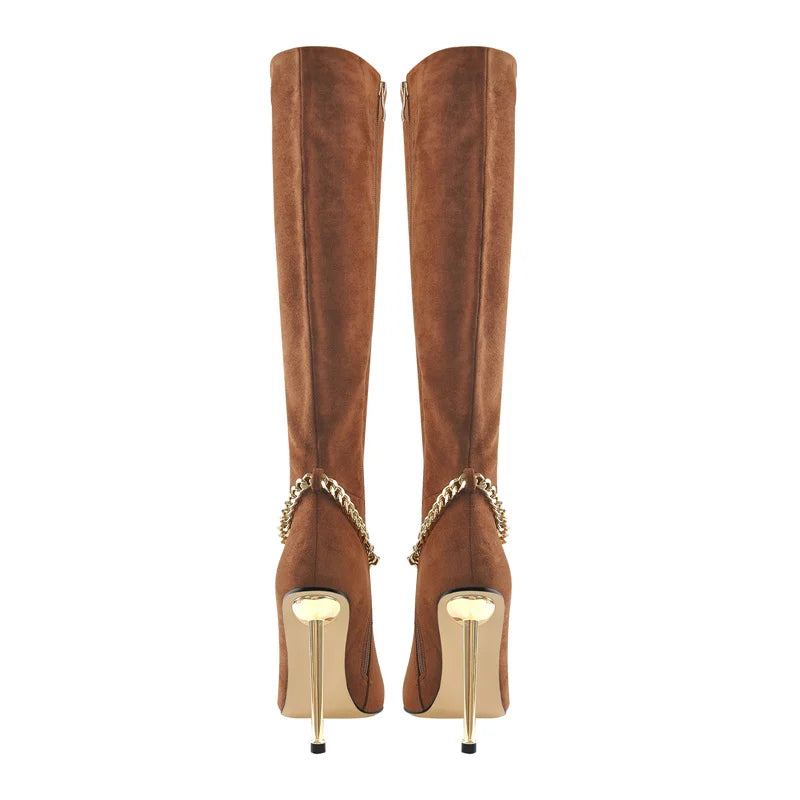 Onlymaker Women Pointed Toe Boots Brown Flock Knee-High  Side Zip Thin Metal Heel Fashion Metal Chain Boots