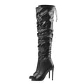 Onlymaker Women Peep Toe Black Matte Over The Knee Boots Concise Fashion Stiletto High Heel Zipper Boots