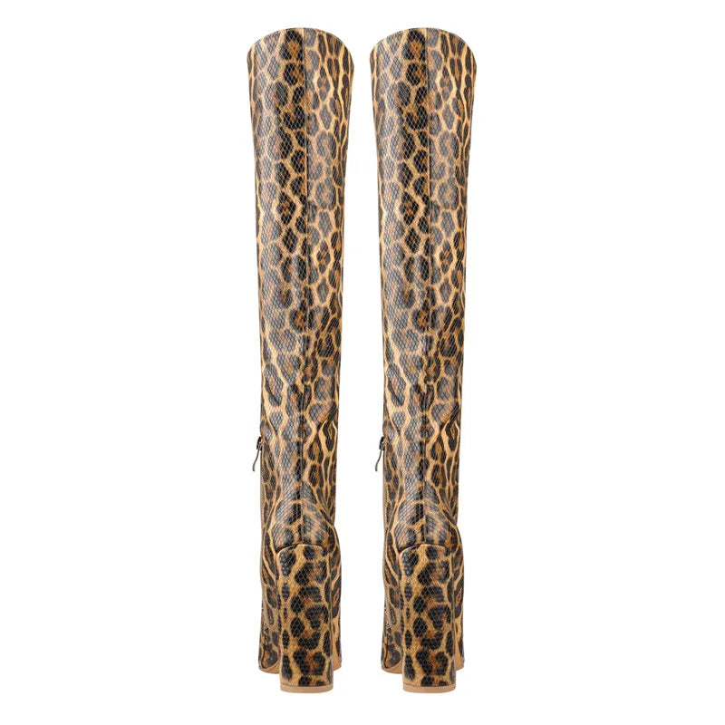 Onlymaker Women 10CM High Heels Knee High Boots Zip Chunky Leopard Block Heel  Dress Party Pull On Thick Winter Boots
