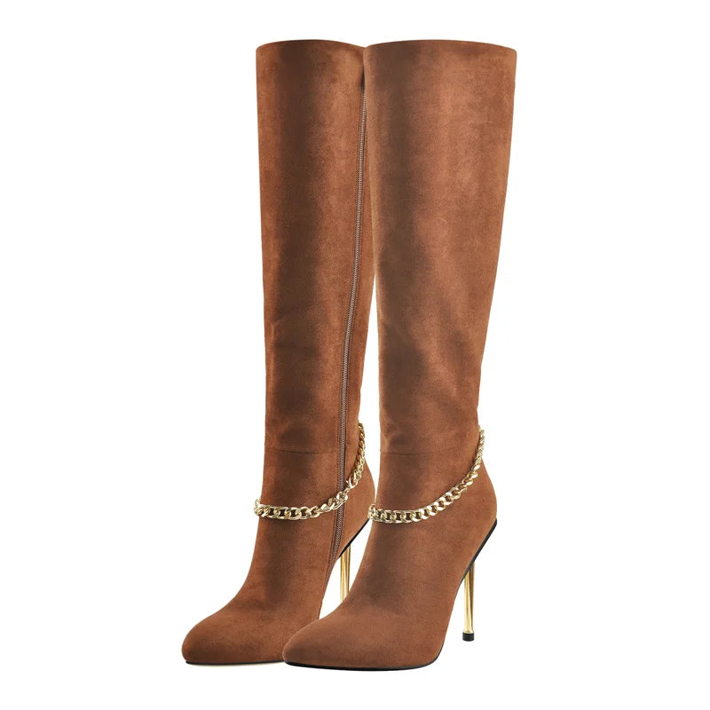 Onlymaker Women Pointed Toe Boots Brown Flock Knee-High  Side Zip Thin Metal Heel Fashion Metal Chain Boots