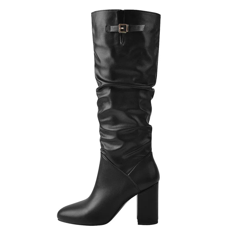 Onlymaker Women Pointed Toe Black Pleated 8.5CM High Heels Patent leather Crinkle Mid Calf Chunky Big Size Fashion Boots