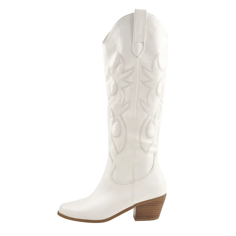 Onlymaker Women White Knee High Boots Western Cowboy Boots Wide Calf Embroidered Pointed Toe Block Heel Pull-On Cowgirl Booties