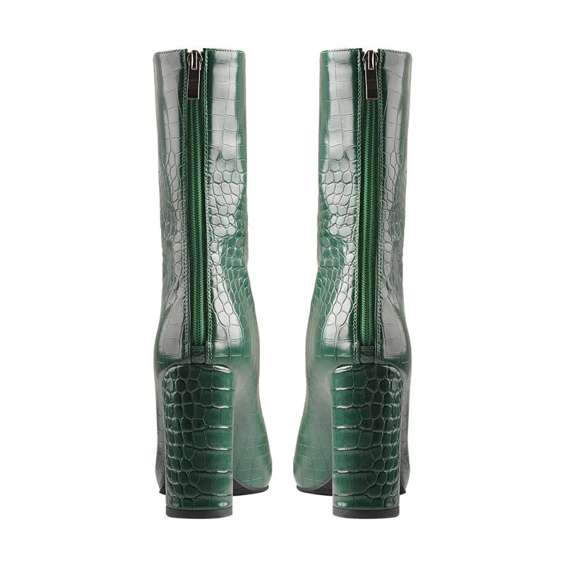 Onlymaker Pointed Toe Ankle Boots 10CM Stone Pattern Zipper Chunky High Heels Green Fashion Thick Big Size Women Boots